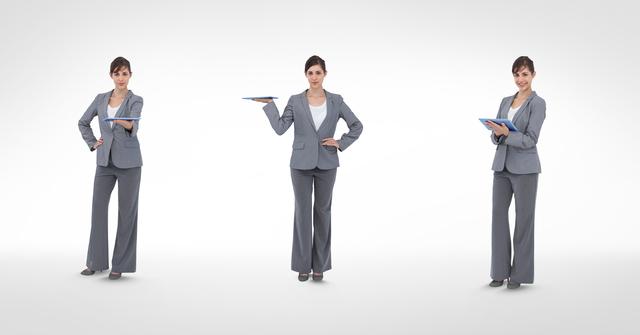 Digital composite of Multiple image of businesswoman holding digital tablet in various poses