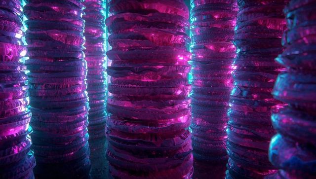 Futuristic glowing columns with neon reflections in sci-fi chamber