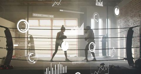 Sparring boxers training with augmented reality fitness hud in industrial loft gym