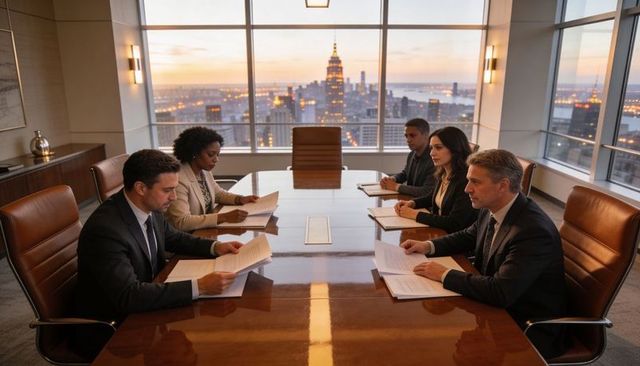 Executive leadership team reviewing documents in high-rise boardroom at sunset with city skyline