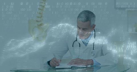 Doctor Analyzing Data with Digital Spine Hologram