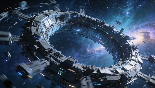 Rotating torus space station with illuminated docking bays and modular habitat