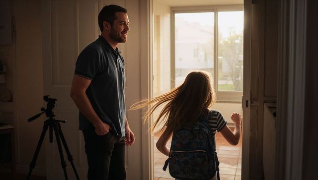 Man smiling watching daughter stepping out front door with backpack in warm morning light