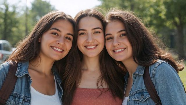 Three young women smiling and posing in sunlit park wearing denim jackets and backpacks
