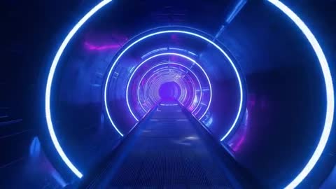 Futuristic Neon Tunnel with Pulsing Light Show and Moving Walkway