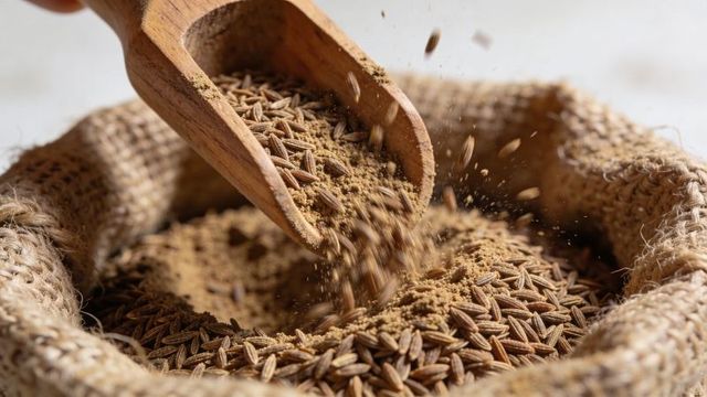 Wooden scoop pouring cumin seeds and ground cumin into burlap sack, rustic aromatic spice