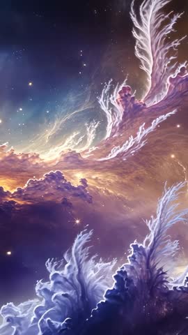 Vertical Nebula Motion: Swirling Cosmic Clouds, Glowing Gas Filaments and Sparkling Starfields