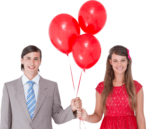 Smiling Couple in Formal Attire Holding Red Balloons, Transparent Background