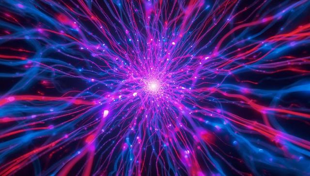 Radiating neon nucleus sending vibrant filaments through cosmic digital network