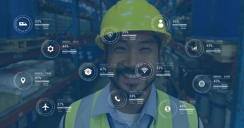 Warehouse worker inspecting inventory wearing hard hat and hi-vis vest with AR HUD overlay