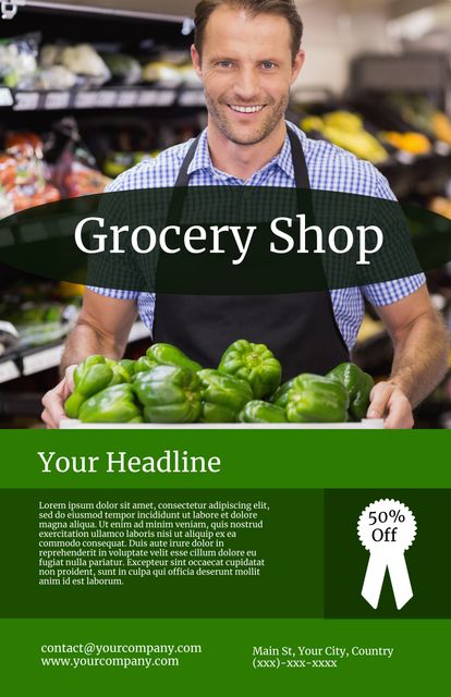 Smiling Clerk Holding Fresh Bell Peppers in Grocery Store Produce Aisle - Download Free Stock Templates Pikwizard.com