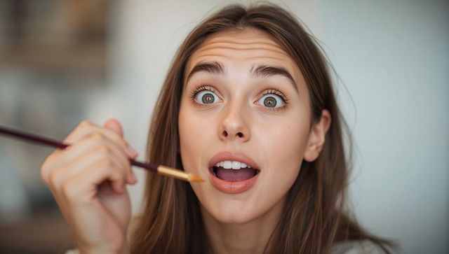 Surprised young woman holding thin makeup brush, applying cosmetics, close-up headshot
