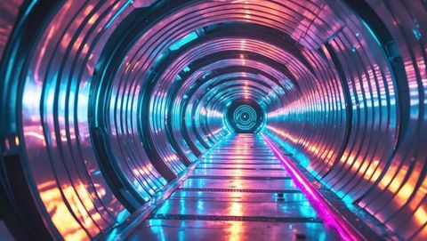 Futuristic neon tunnel with circular portal and reflections