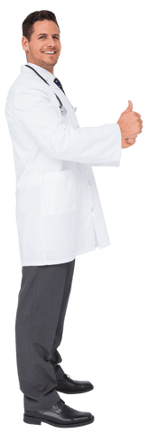 Confident male doctor giving thumbs up on transparent background