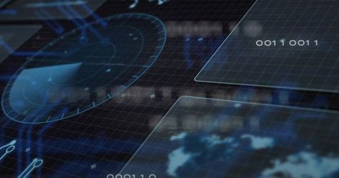 Holographic Radar HUD Interface with Binary Readouts Neon Blue Futuristic Grid Dashboard