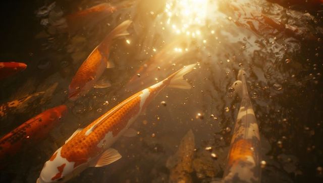 Colorful koi fish under sunlit pond surface