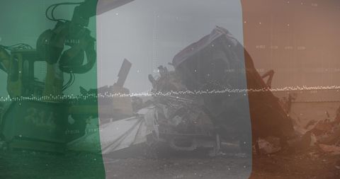 Irish flag overlays junkyard recycling machinery in environmental scene