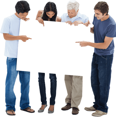 Diverse group pointing down at blank transparent space puzzle