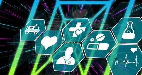 Futuristic Medical Interface with Digital Health Icons and Neon Colors