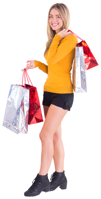 Smiling Stylish Blond Woman with Transparent Shopping Bags on White - Download Free Stock Videos Pikwizard.com