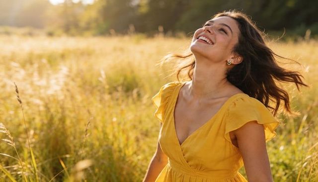 Smiling woman basking in sunlit golden meadow wearing yellow dress with windblown hair