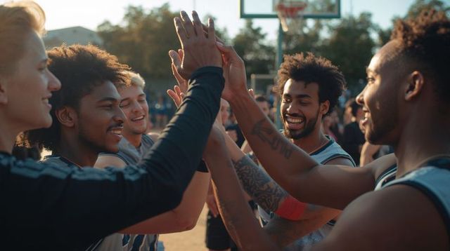 Outdoor basketball team celebrating high-fives on urban court at golden hour, teamwork energy