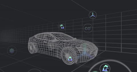 3D Grid Model of Modern Car with Digital Icons in Motion