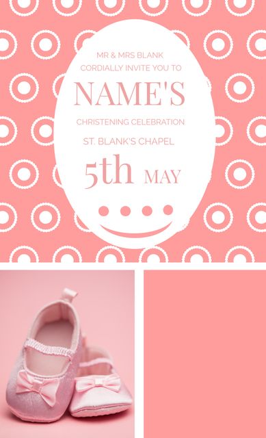 Pink Christening Invitation with Polka Dot Background and Baby Shoes - Download Free Stock Templates Pikwizard.com