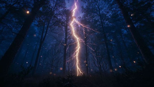 Electrifying Forest Storm: Lightning Bolt Amidst Nighttime Trees