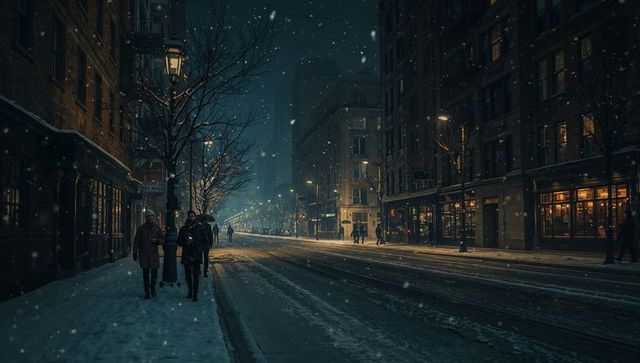 Snowfall city night, pedestrians walking along tram tracks past glowing storefronts
