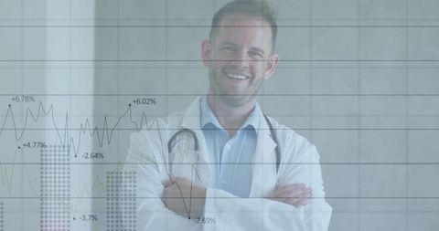 Doctor Smiling in Medical Corridor with Performance Charts Overlay