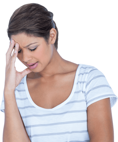 Stressed woman touching forehead looking down transparent
