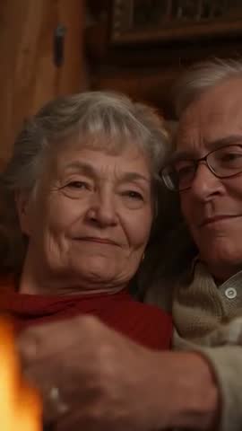 Senior Couple Snuggling by Fireplace While Reading, Woman Dozing on Sofa Vertical Video