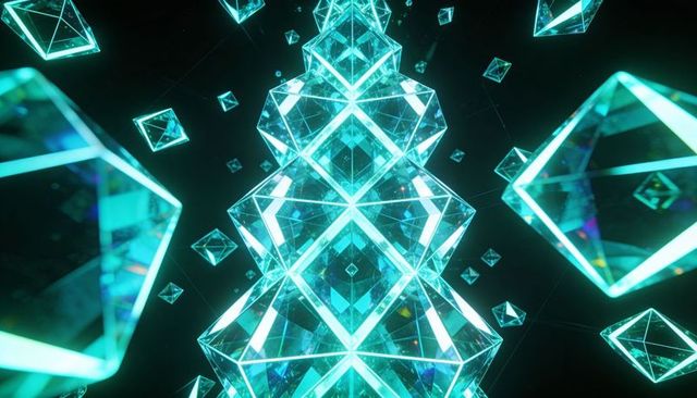 Neon cyan crystal lattice column with floating geometric polyhedra