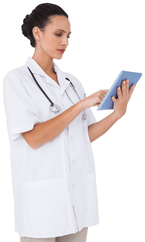Focused Nurse in White Uniform Using Tablet Technology Transparent