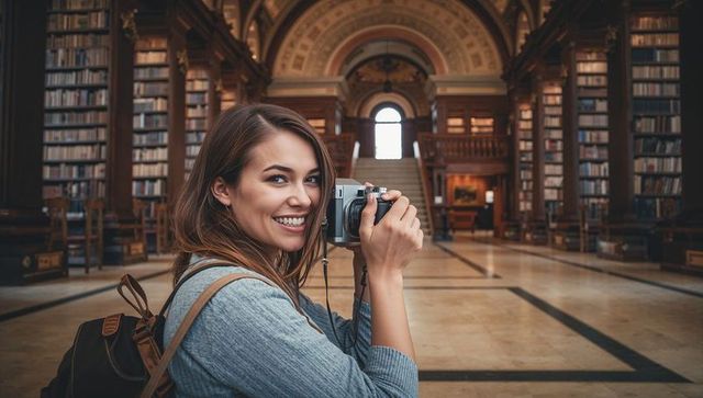 Smiling traveler photographing grand historic library with mirrorless camera and backpack