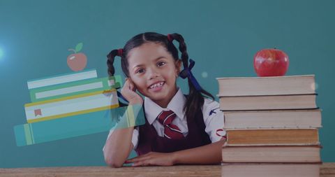 Cheerful Schoolgirl With Apple and Books Representing Education - Download Free Stock Images Pikwizard.com