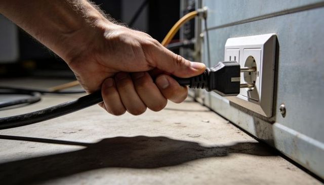 Hand inserting grounded plug into industrial outlet on metal panel with dusty cable trailing
