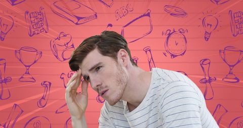 Confused student thinking with education symbols background