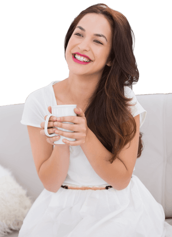 Happy Caucasian Woman with Coffee Cup on Transparent Background