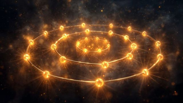 Orbiting Golden Orbs Circling Nested Luminous Rings in Cosmic Particle Nebula