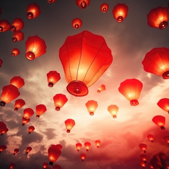 Multiple lighted chinese lanterns over sky with clouds created using generative ai technology. Chinese tradition, celebration and light concept digitally generated image.