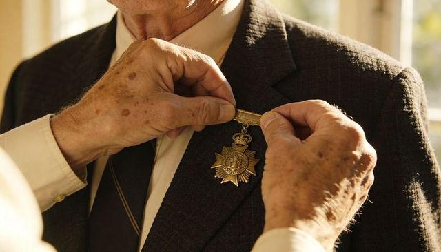 Elderly hands fastening star-shaped crown medal on dark suit lapel during solemn award ceremony