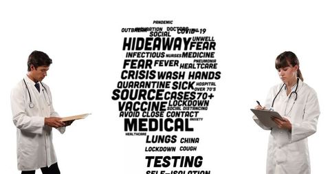 Medical professionals writing notes around healthcare word cloud
