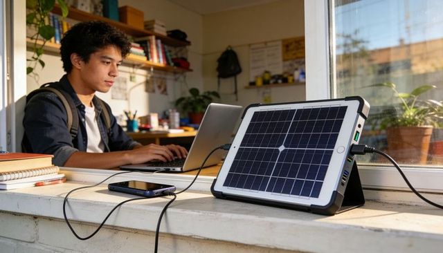 Student working at window with portable solar charger powering phone and laptop during study session