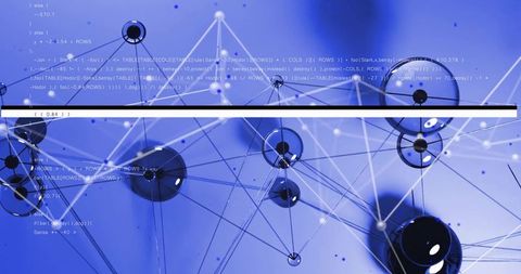 Futuristic Network Visualization with Code Overlay in Blue Theme