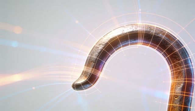 Textured curved metal hook with holographic ar gridlines and reflective patina closeup