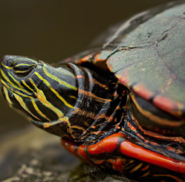 This image captures a close-up view of a turtle's head and shell with vibrant and intricate patterns. Ideal for use in educational materials about reptiles, wildlife conservation campaigns, biology textbooks, and nature-themed websites. The detailed textures and colors highlight the beauty and uniqueness of the turtle, making it suitable for artistic or decorative projects as well.
