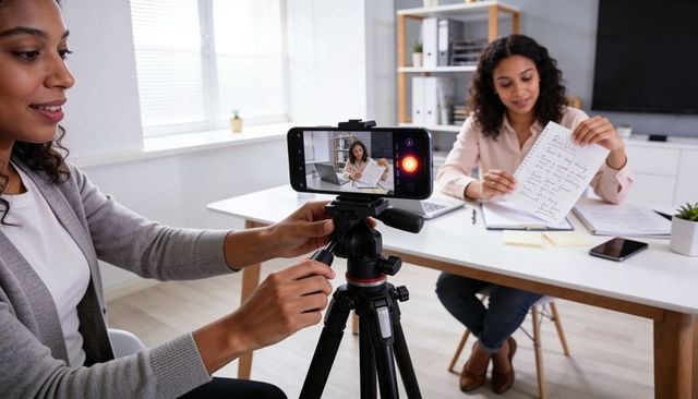 Recording presenter holding handwritten notes with smartphone on tripod in bright office