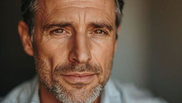 Contemplative middle-aged man headshot staring into camera with salt-and-pepper beard